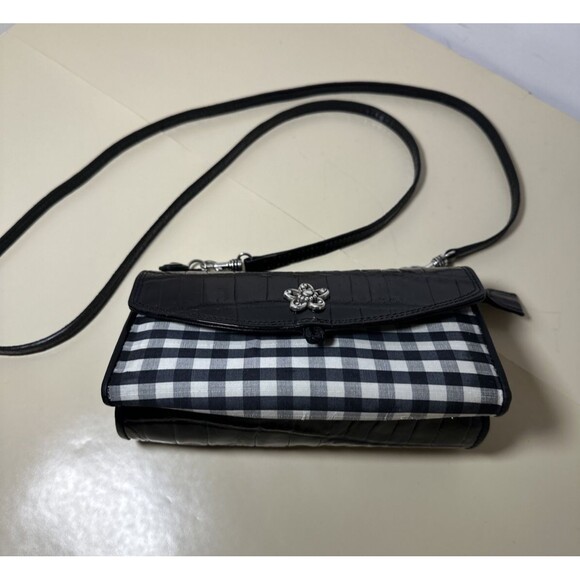 Brighton Crossbody Black Plaid Faux Croc Leather Wallet Purse Back Zip Pocket - Picture 3 of 8